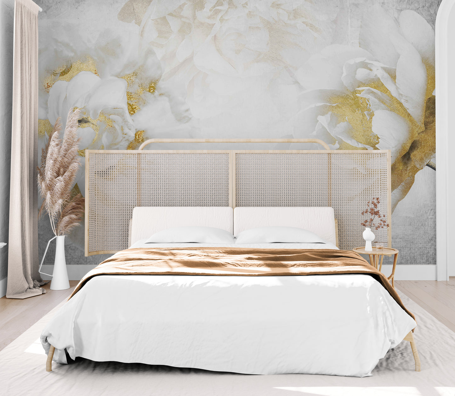 Pfingstrosentapete, extra großes florales Wandbild zum Abziehen und Aufkleben, selbstklebendes Wandbild in Weiß und Gold, Akzenttapete fürs Wohnzimmer