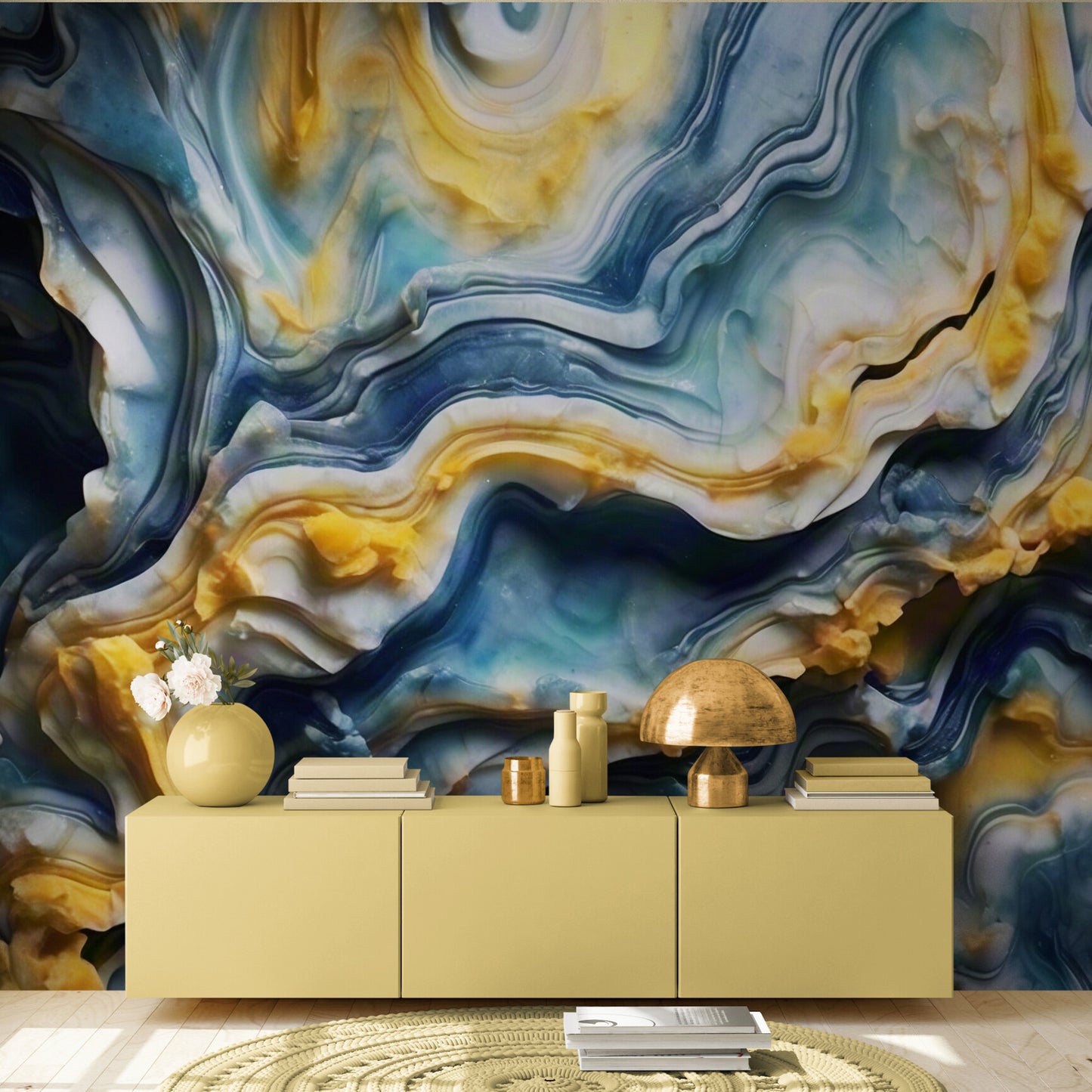 Extra große abstrakte Tapete, 3D-Effekt-Tapete, blaues und gelbes Wandbild, abnehmbare Tapete, Akzent-Wandbild