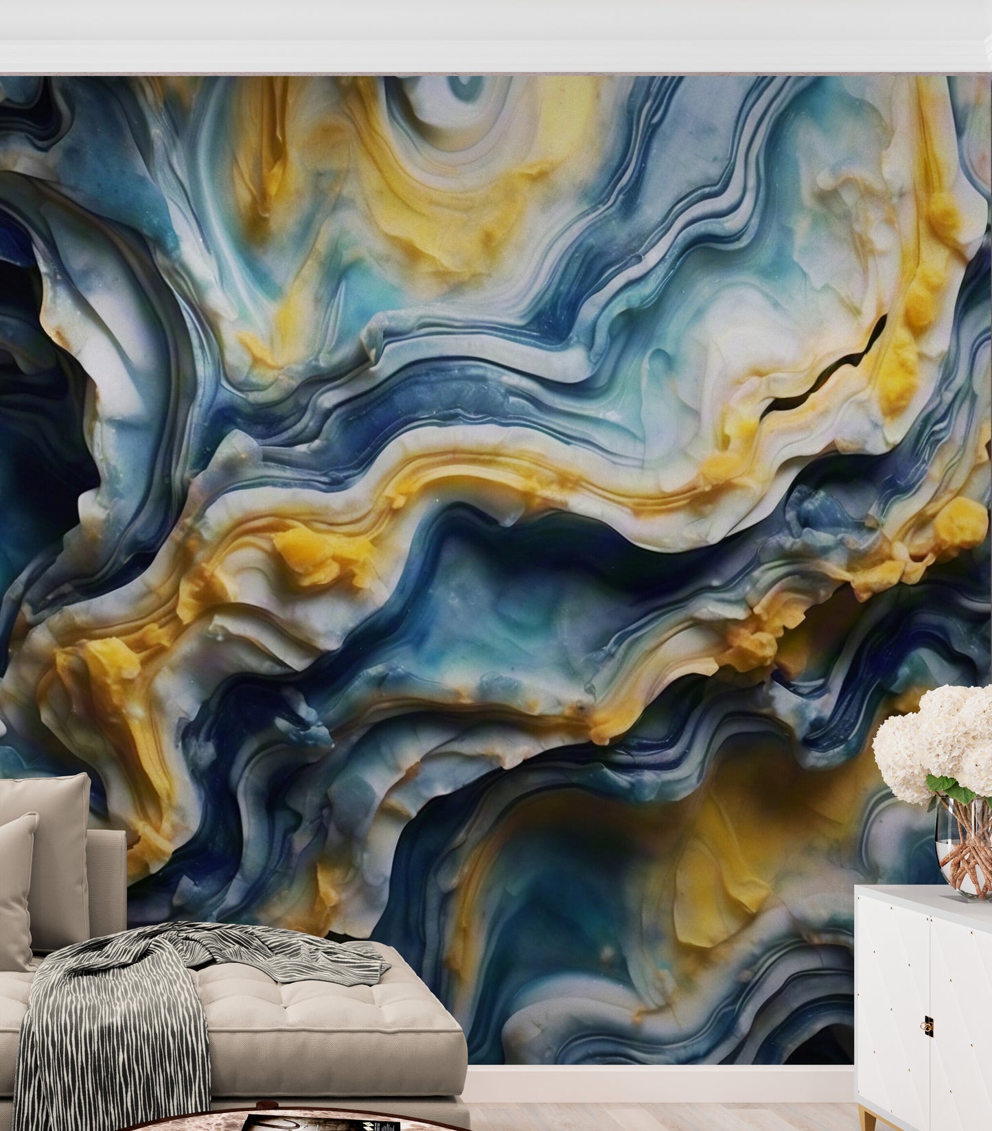 Extra große abstrakte Tapete, 3D-Effekt-Tapete, blaues und gelbes Wandbild, abnehmbare Tapete, Akzent-Wandbild