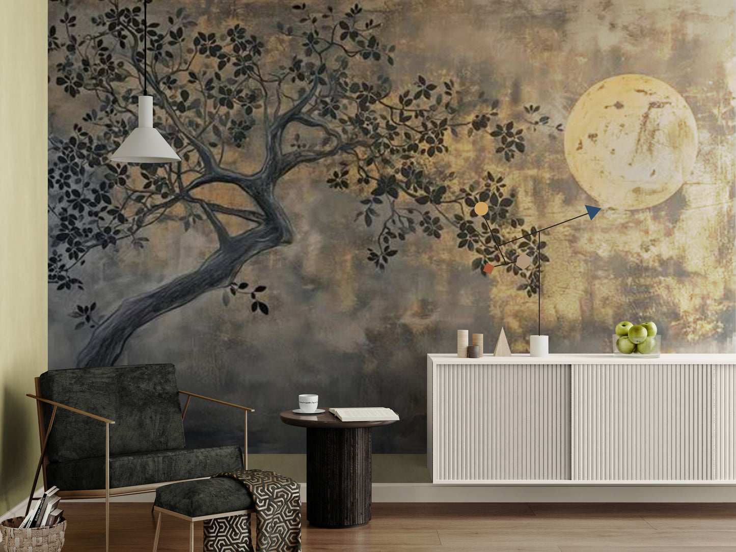 Extra große Loft-Tapete, Abziehbares und aufklebbares Wandbild mit Mondbild, Braun-Gold-Tapetenwandbild, Selbstklebendes Natur-Wandbild, Temporäre Tapete für Wohnzimmer, Akzenttapete