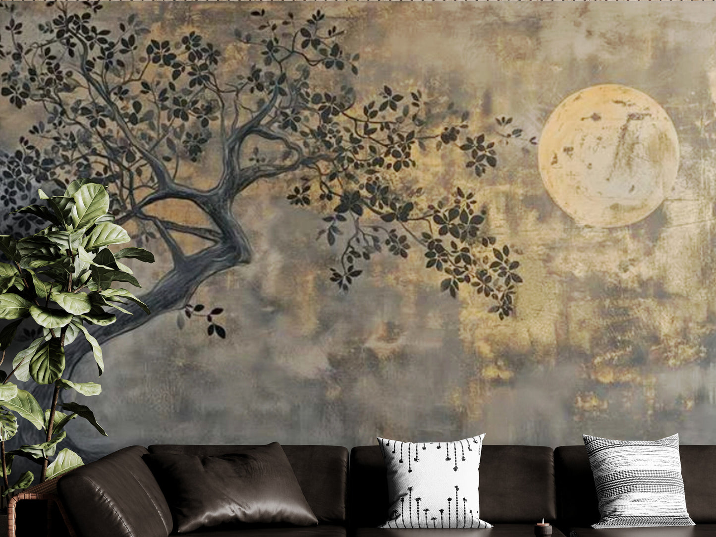 Extra große Loft-Tapete, Abziehbares und aufklebbares Wandbild mit Mondbild, Braun-Gold-Tapetenwandbild, Selbstklebendes Natur-Wandbild, Temporäre Tapete für Wohnzimmer, Akzenttapete