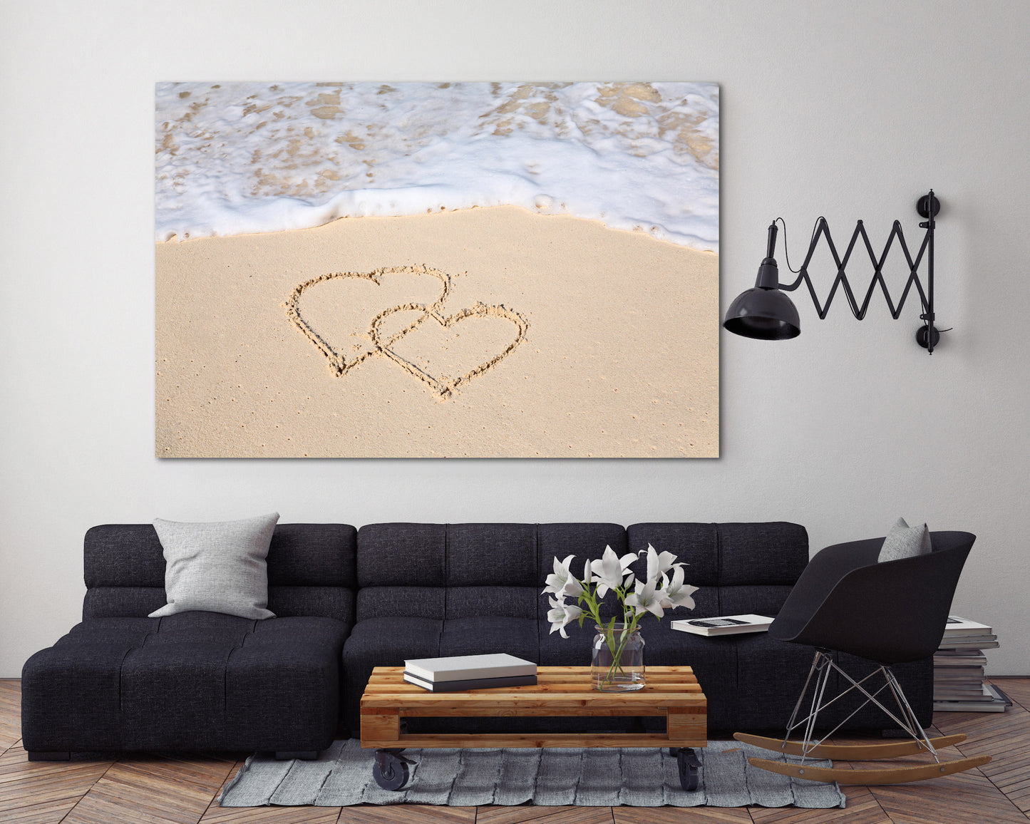 Heart wall decor, Love wall art paintings on canvas, valentines day gift, seascape painting, love picture, deep sea sand hearts in the sand