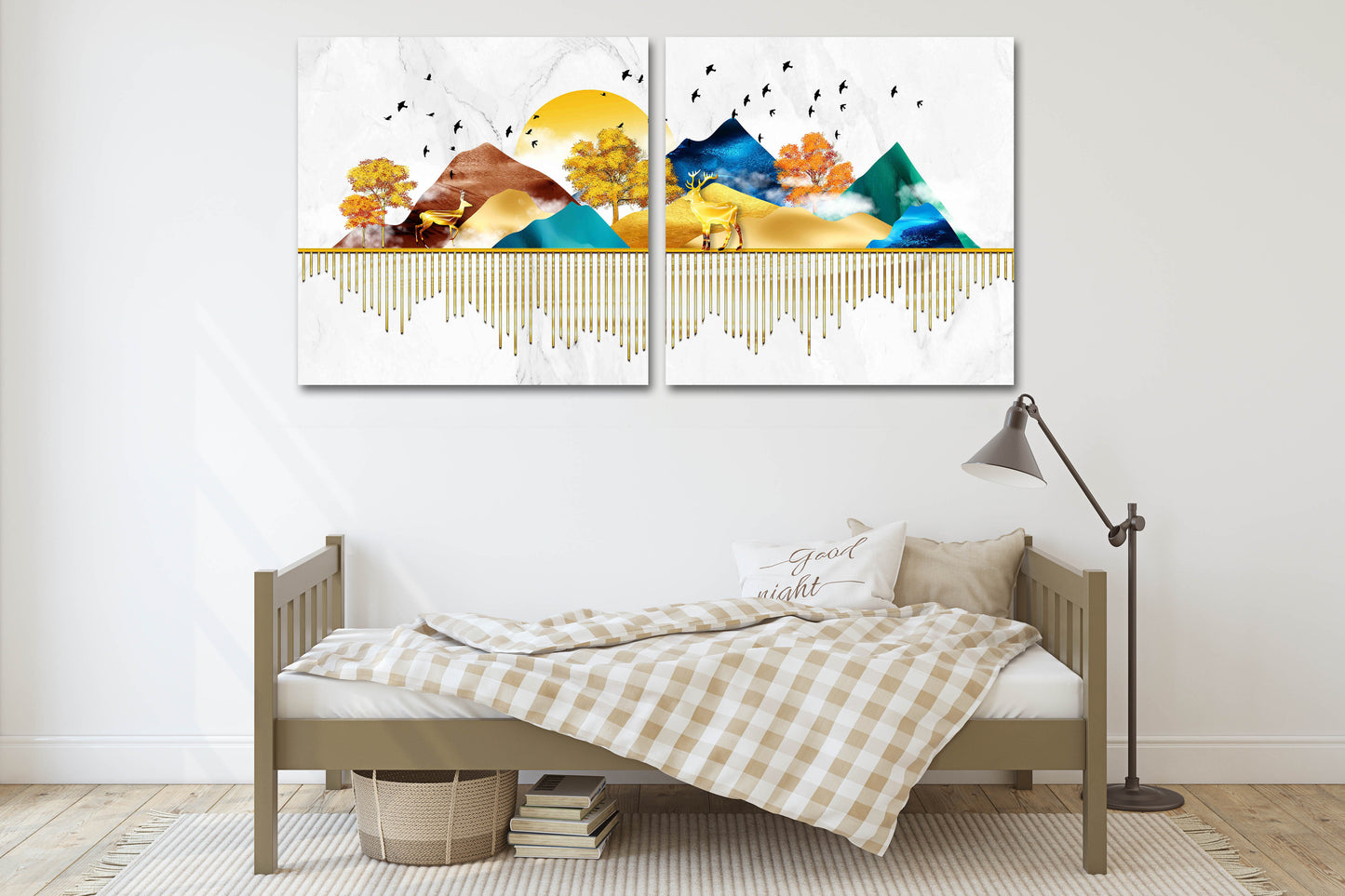 Fruit trees live plant Golden deer Blue ridge mountains wall art 3 panel canvas Outdoors mountains Canvas painting Home wall decor
