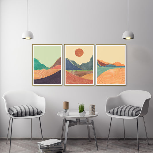 Mid Century Modern Abstrakte Bergwandkunst Leinwand, druckbares Wandkunst 3er Set, minimalistische Wandkunst, geometrisches Leinwandgemälde
