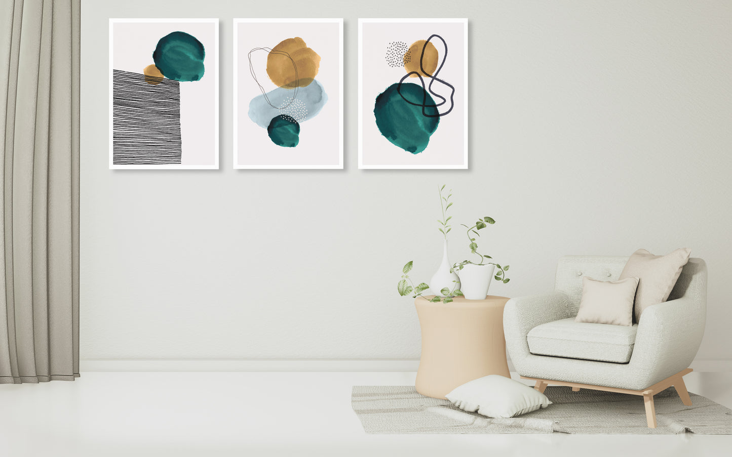 Mid Century Modern abstrakte Wandkunst, druckbares Wandkunst-Set von 3, minimalistische Wandkunst, geometrisches Leinwandgemälde