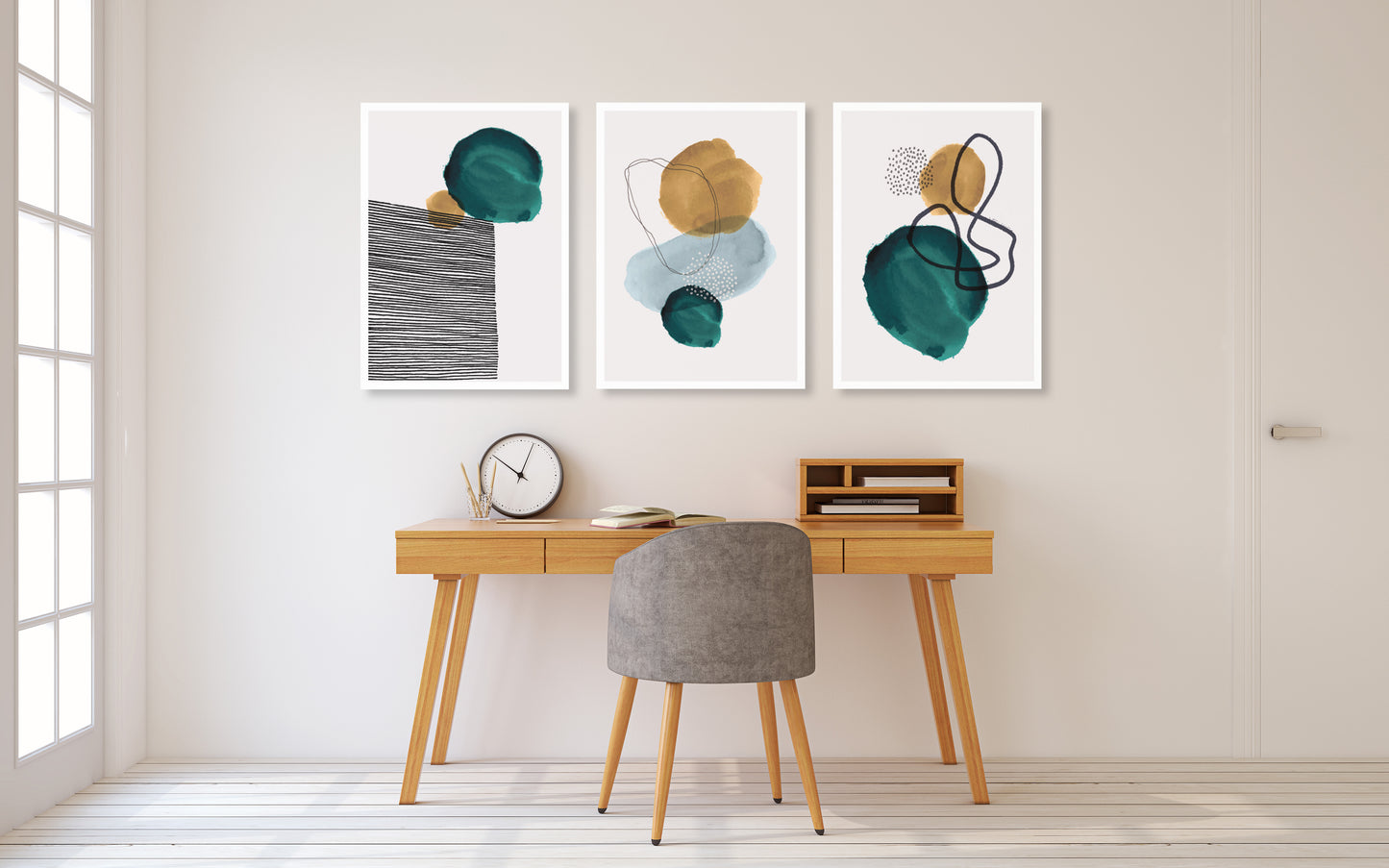 Mid Century Modern abstrakte Wandkunst, druckbares Wandkunst-Set von 3, minimalistische Wandkunst, geometrisches Leinwandgemälde