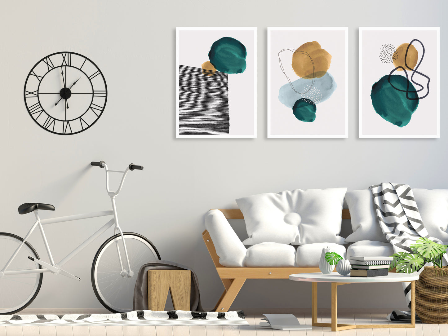 Mid Century Modern abstrakte Wandkunst, druckbares Wandkunst-Set von 3, minimalistische Wandkunst, geometrisches Leinwandgemälde