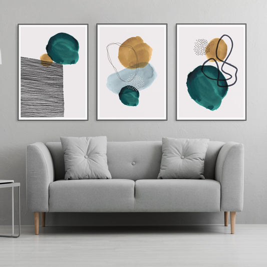 Mid Century Modern abstrakte Wandkunst, druckbares Wandkunst-Set von 3, minimalistische Wandkunst, geometrisches Leinwandgemälde