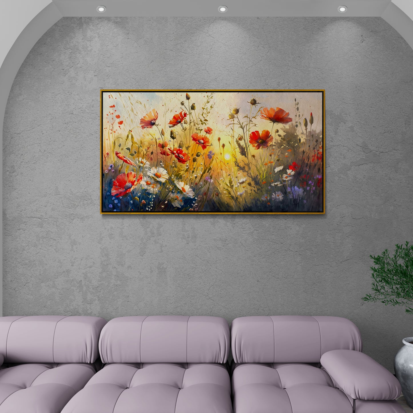 Gerahmte florale Wandkunst, Leinwanddruck mit Mohnblumen, florale Feldwandkunst, rotes Mohnbild, botanische Wandkunst