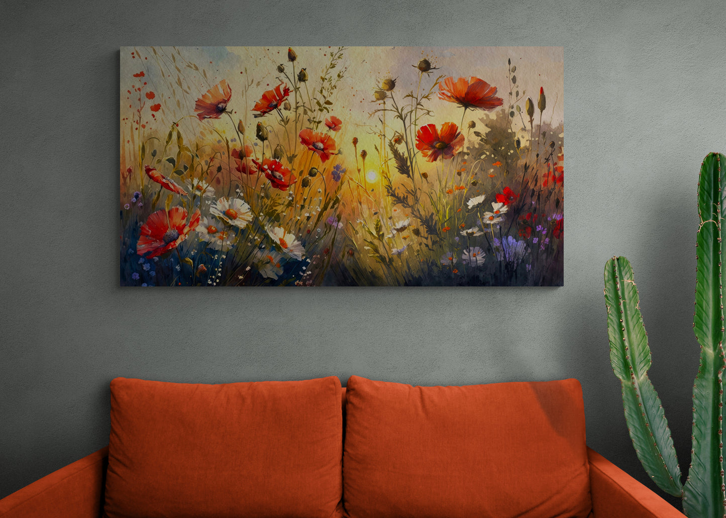 Gerahmte florale Wandkunst, Leinwanddruck mit Mohnblumen, florale Feldwandkunst, rotes Mohnbild, botanische Wandkunst