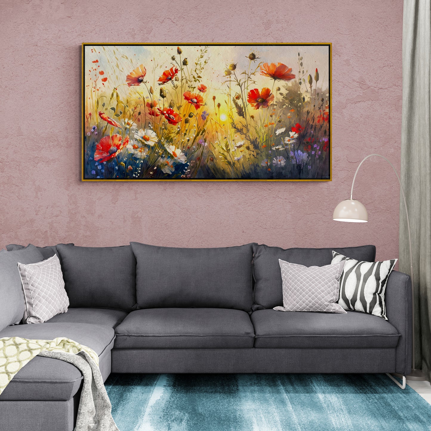 Gerahmte florale Wandkunst, Leinwanddruck mit Mohnblumen, florale Feldwandkunst, rotes Mohnbild, botanische Wandkunst