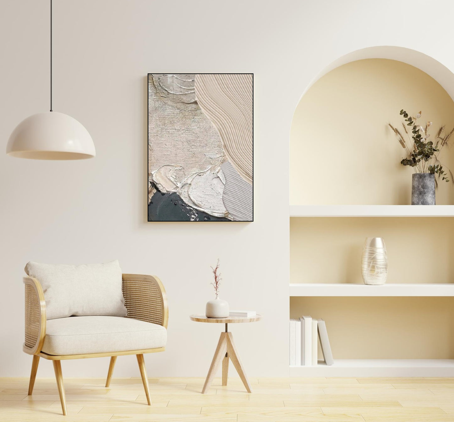 Abstrakte gerahmte Wandkunst, Wanddekoration mit Ölfarbe, beiges Kunstwerk mit schwebendem Rahmen, moderne druckbare Leinwand-Wandkunst, Wohnzimmer-Kunstwerk