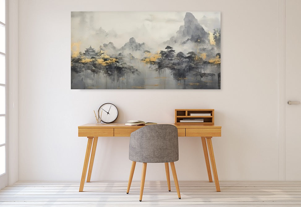 Smoky mountains wall art, floating frame landscape artwork, misty trees canvas print, Japanese hanging wall art, large grey artwork