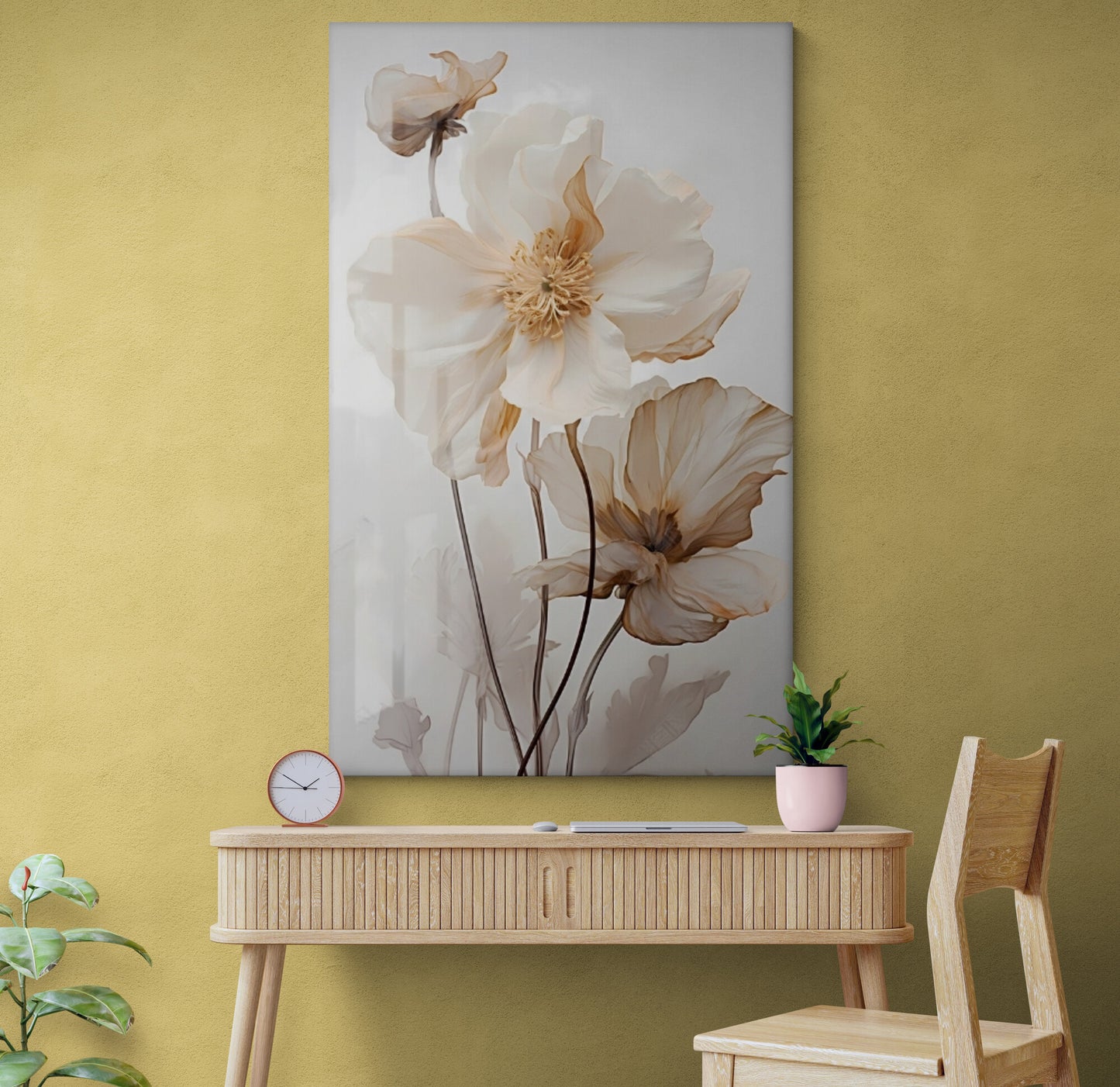 Florale Leinwandkunst, großer gerahmter Leinwanddruck, sanfte Blumen Wandkunst, druckbares Floater-Rahmen-Kunstwerk, Wildblumen-Schlafzimmer-Leinwanddruck