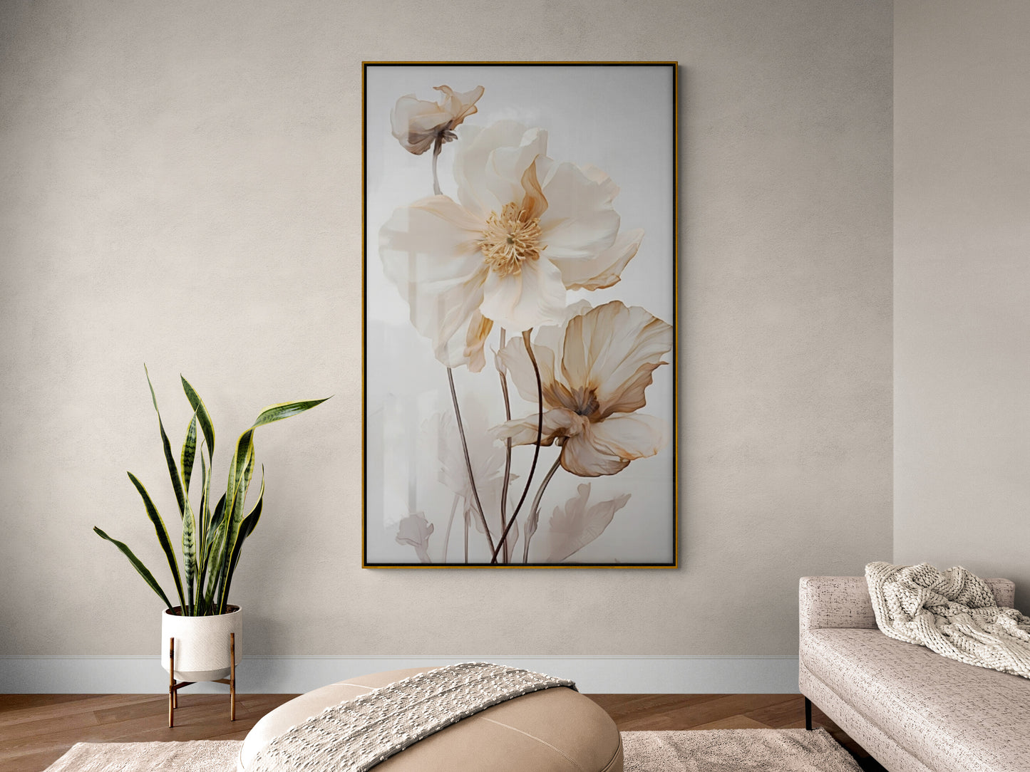 Florale Leinwandkunst, großer gerahmter Leinwanddruck, sanfte Blumen Wandkunst, druckbares Floater-Rahmen-Kunstwerk, Wildblumen-Schlafzimmer-Leinwanddruck
