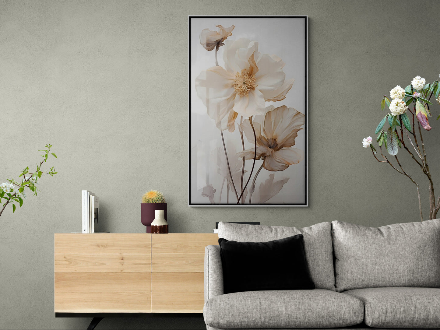 Florale Leinwandkunst, großer gerahmter Leinwanddruck, sanfte Blumen Wandkunst, druckbares Floater-Rahmen-Kunstwerk, Wildblumen-Schlafzimmer-Leinwanddruck