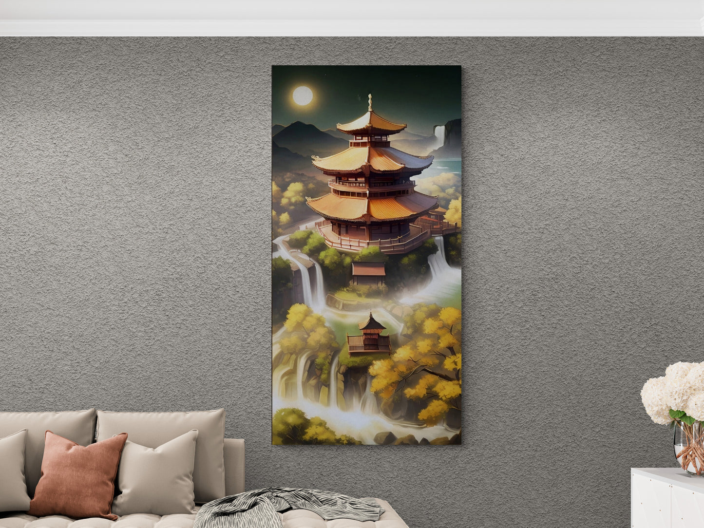 Großer orientalischer Leinwanddruck, gerahmte japanische Wandkunst, Wandkunst mit schwebendem Rahmen, Architektur-Wandkunst, moderne asiatische Natur-Wandkunst fürs Schlafzimmer