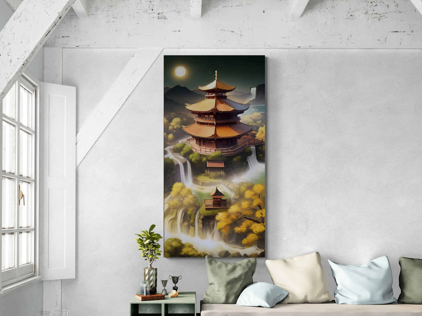 Großer orientalischer Leinwanddruck, gerahmte japanische Wandkunst, Wandkunst mit schwebendem Rahmen, Architektur-Wandkunst, moderne asiatische Natur-Wandkunst fürs Schlafzimmer