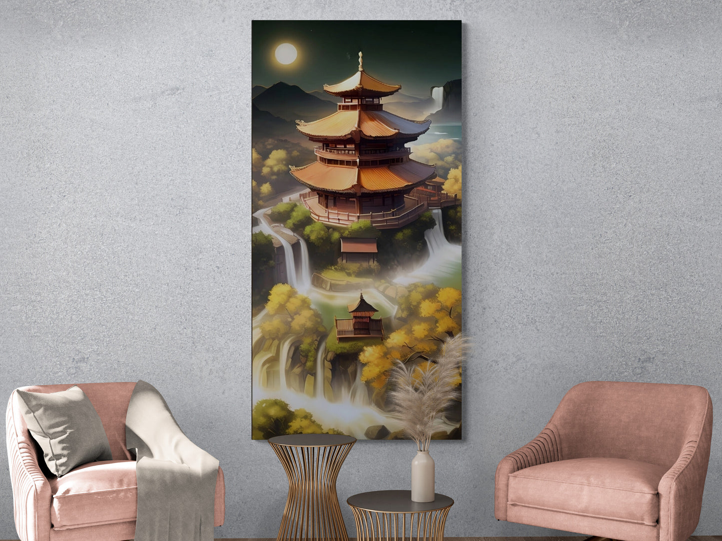 Großer orientalischer Leinwanddruck, gerahmte japanische Wandkunst, Wandkunst mit schwebendem Rahmen, Architektur-Wandkunst, moderne asiatische Natur-Wandkunst fürs Schlafzimmer