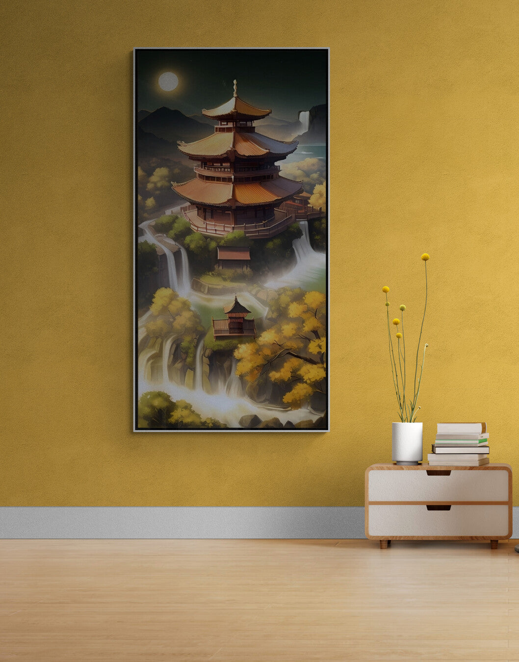 Großer orientalischer Leinwanddruck, gerahmte japanische Wandkunst, Wandkunst mit schwebendem Rahmen, Architektur-Wandkunst, moderne asiatische Natur-Wandkunst fürs Schlafzimmer