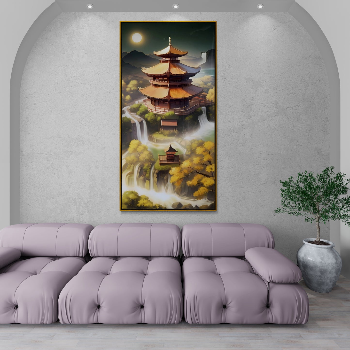 Großer orientalischer Leinwanddruck, gerahmte japanische Wandkunst, Wandkunst mit schwebendem Rahmen, Architektur-Wandkunst, moderne asiatische Natur-Wandkunst fürs Schlafzimmer