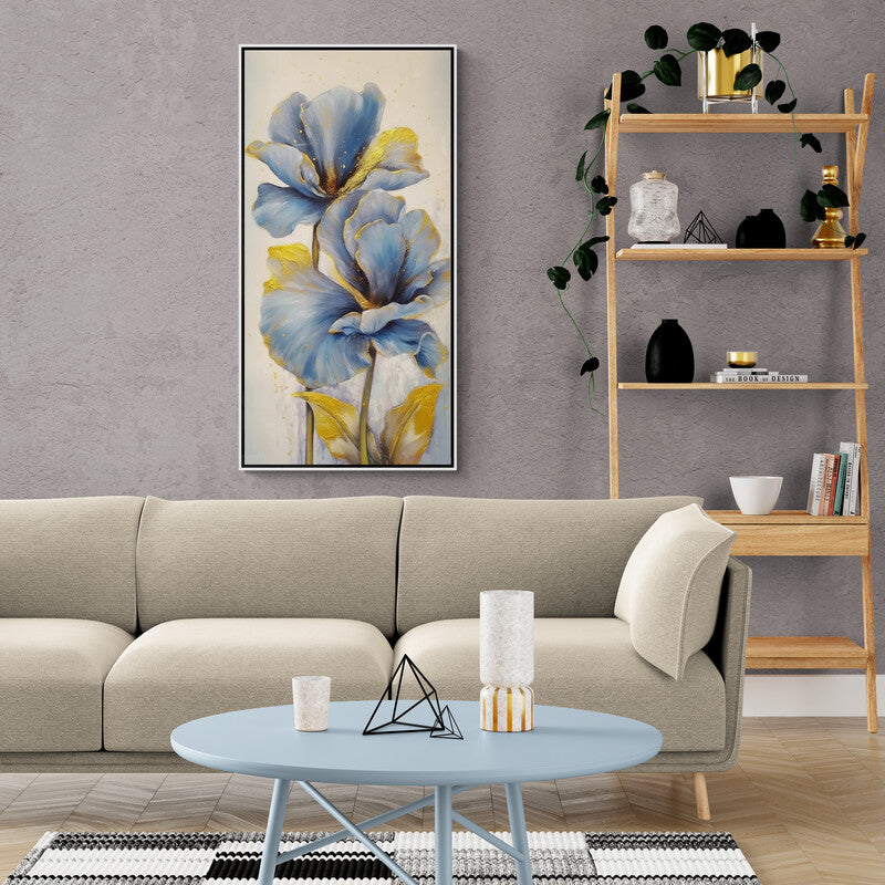 Blaue Blumen Wandkunst, gerahmter Blumenkunstdruck, vertikaler botanischer Leinwanddruck, sanfte Blumen Wandkunst, Geschenk zur Patentante