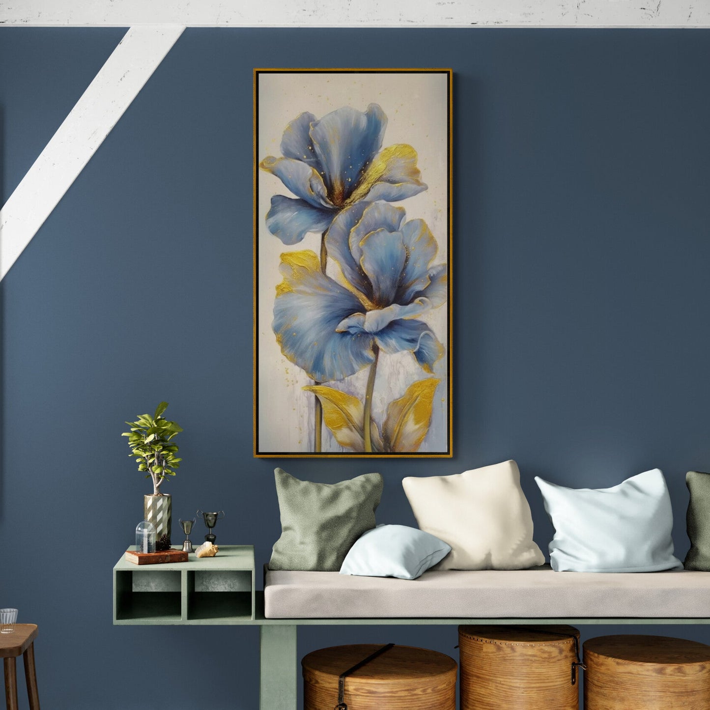 Blaue Blumen Wandkunst, gerahmter Blumenkunstdruck, vertikaler botanischer Leinwanddruck, sanfte Blumen Wandkunst, Geschenk zur Patentante