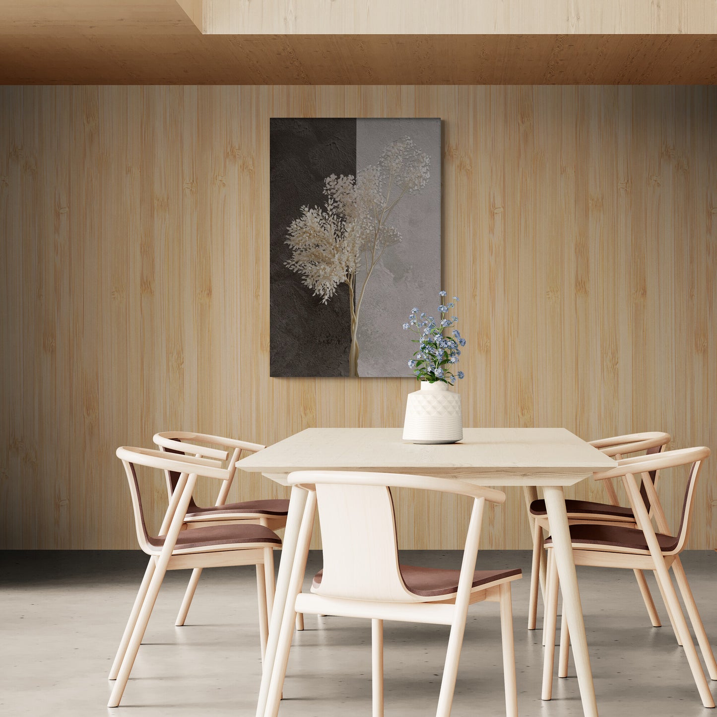 Abstrakte weiße und braune Wandkunst, Kunstwerk mit getrockneten Pflanzen, vertikal gerahmter Leinwanddruck, Wohnzimmer-Wandkunst, Geschenk zur Wohnungserwärmung
