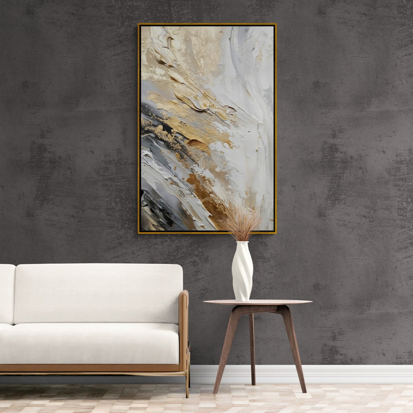 Abstrakte Wandkunst in Gold und Grau, gerahmter zeitgenössischer Leinwanddruck, Wandkunst mit Öleffekt, Geschenk für Männer