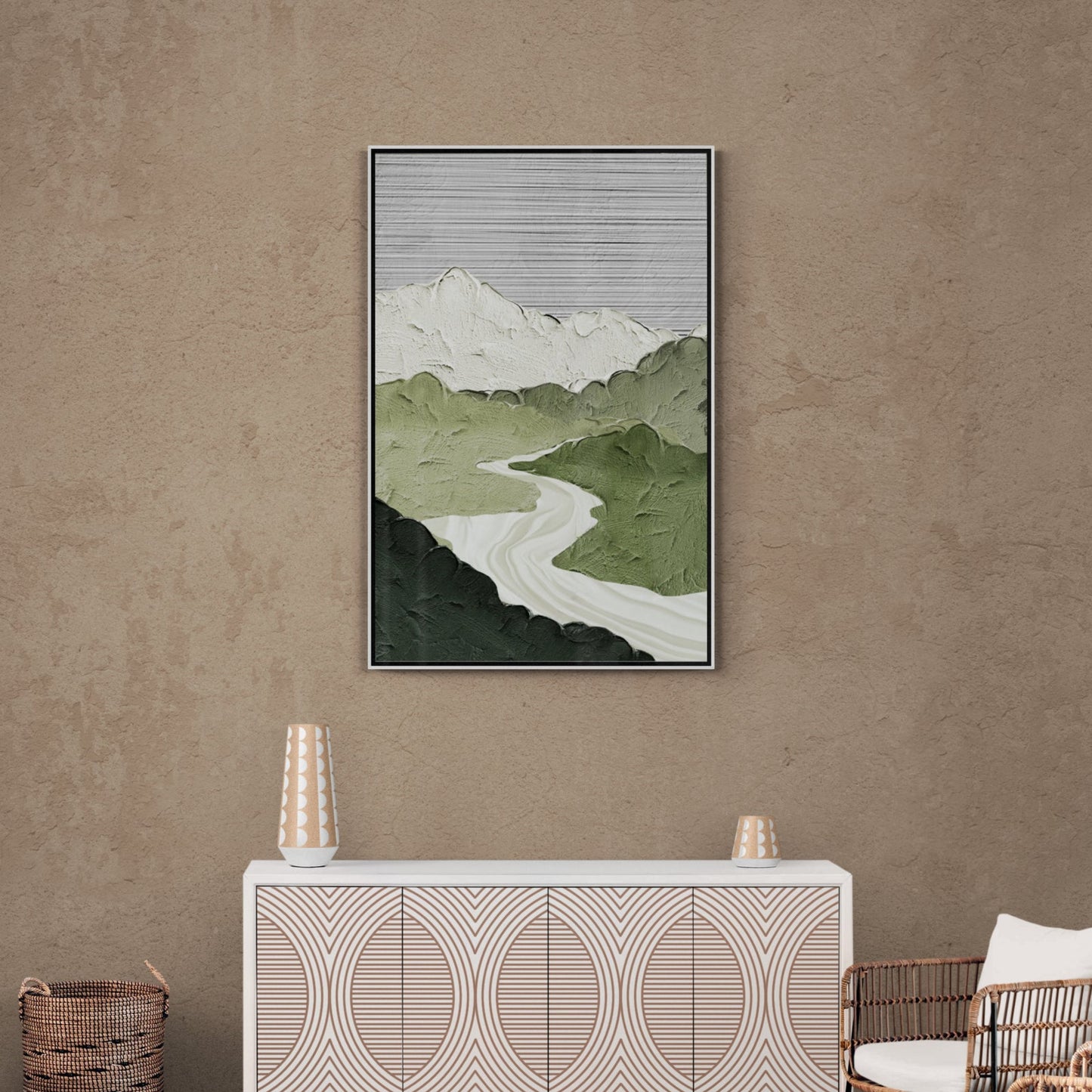 Abstrakte Wandkunst, Berge Kunstdruck, gerahmter grün-weißer Leinwanddruck, abstraktes Landschaftskunstwerk, Einweihungsgeschenk