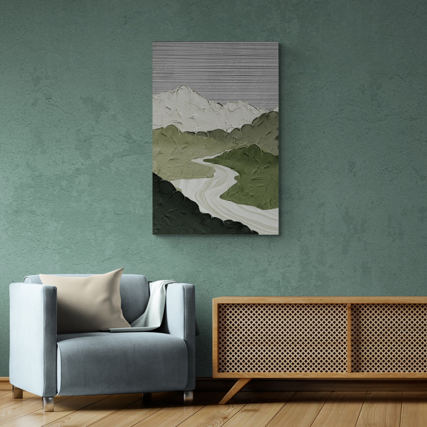 Abstrakte Wandkunst, Berge Kunstdruck, gerahmter grün-weißer Leinwanddruck, abstraktes Landschaftskunstwerk, Einweihungsgeschenk