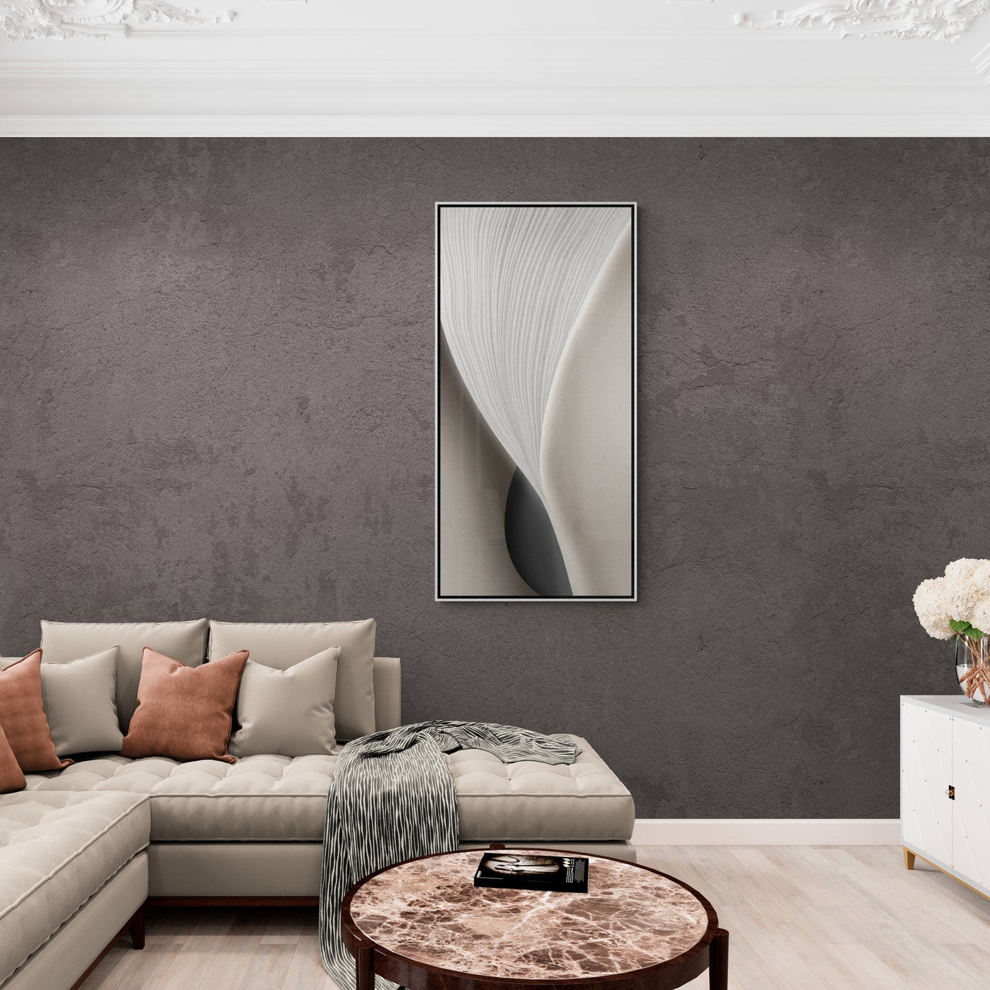 Abstrakte Wandkunst, großer gerahmter Leinwanddruck, grau-weißer Kunstdruck, Geschenk für ihn, moderne Bürowandkunst