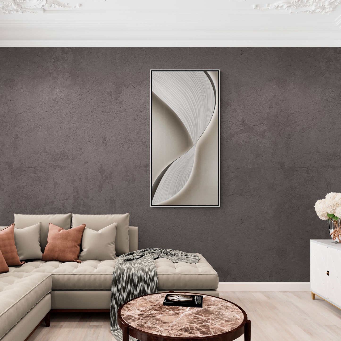 Abstract wave wall art, large framed canvas print, gray and white art print, gift for him, modern office wall art