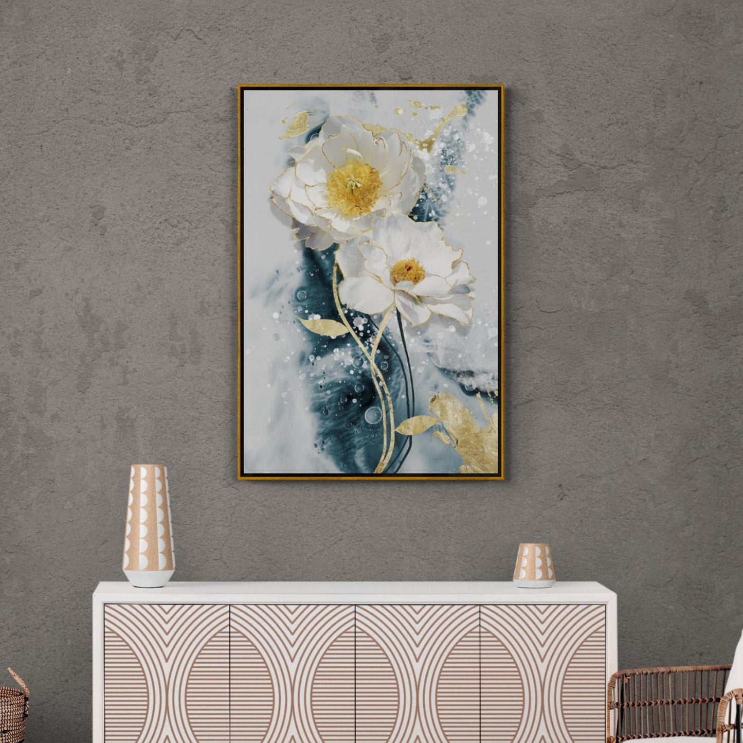 Florale Wandkunst, Kunstwerk mit sanften Blumen, Leinwanddruck mit weißen Blumen, gerahmtes botanisches Kunstwerk, florale Wandkunst in Weiß, Blau und Gold, Geschenk für die Patentante, Wandkunst für das Schlafzimmer