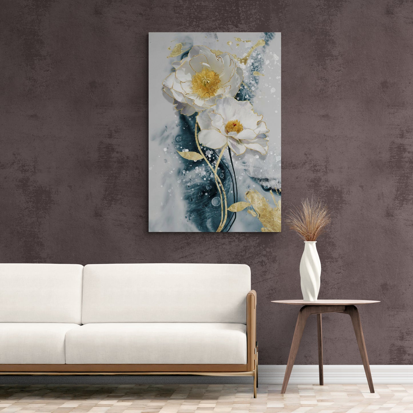 Florale Wandkunst, Kunstwerk mit sanften Blumen, Leinwanddruck mit weißen Blumen, gerahmtes botanisches Kunstwerk, florale Wandkunst in Weiß, Blau und Gold, Geschenk für die Patentante, Wandkunst für das Schlafzimmer
