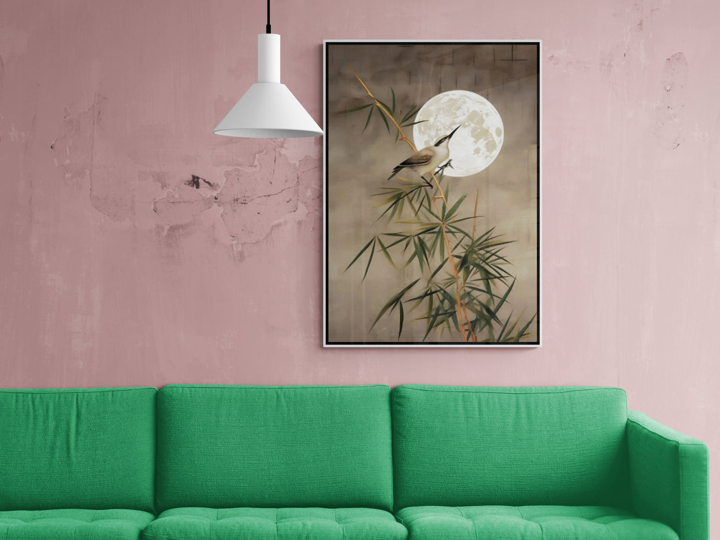 Wandkunst mit Pflanzen und Vögeln, botanischer Leinwanddruck, orientalische Wandkunst, Chinoiserie-Kunstwerk fürs Wohnzimmer, Wandkunst mit Mondbild, Wandkunst als Geschenk