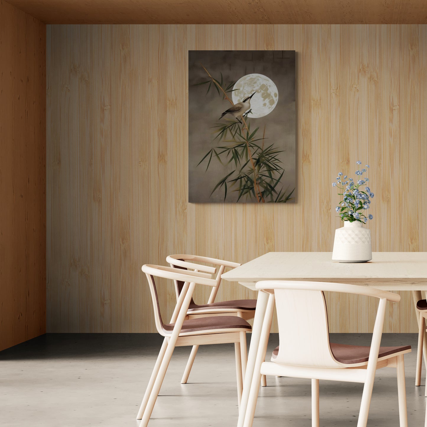 Wandkunst mit Pflanzen und Vögeln, botanischer Leinwanddruck, orientalische Wandkunst, Chinoiserie-Kunstwerk fürs Wohnzimmer, Wandkunst mit Mondbild, Wandkunst als Geschenk