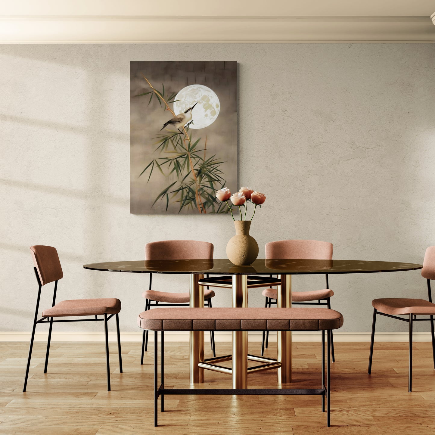 Wandkunst mit Pflanzen und Vögeln, botanischer Leinwanddruck, orientalische Wandkunst, Chinoiserie-Kunstwerk fürs Wohnzimmer, Wandkunst mit Mondbild, Wandkunst als Geschenk