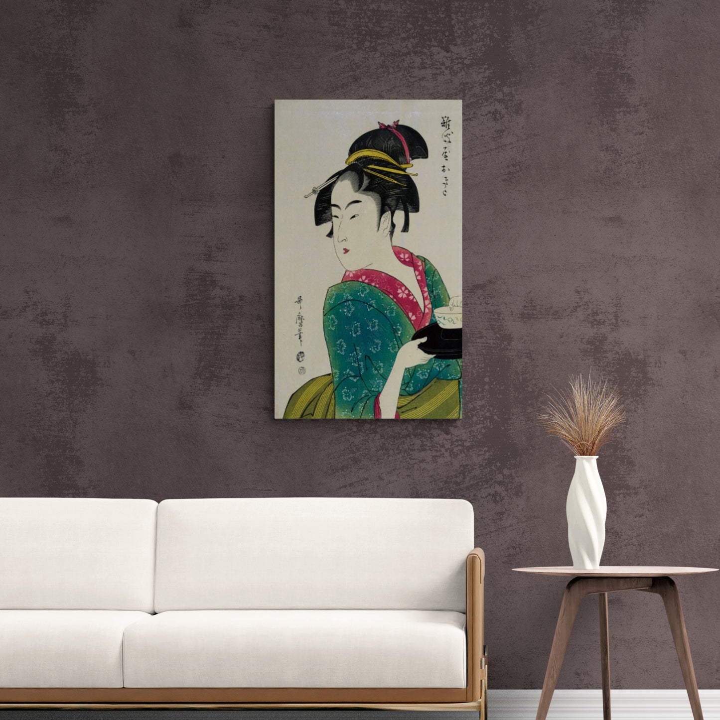 Chinoiserie Wandkunst, Chinesische Frau Wandkunst, gerahmter Leinwanddruck im orientalischen Stil, Geisha Wandkunst druckbares Kunstwerk mit Hieroglifos, Geschenk Wandkunst
