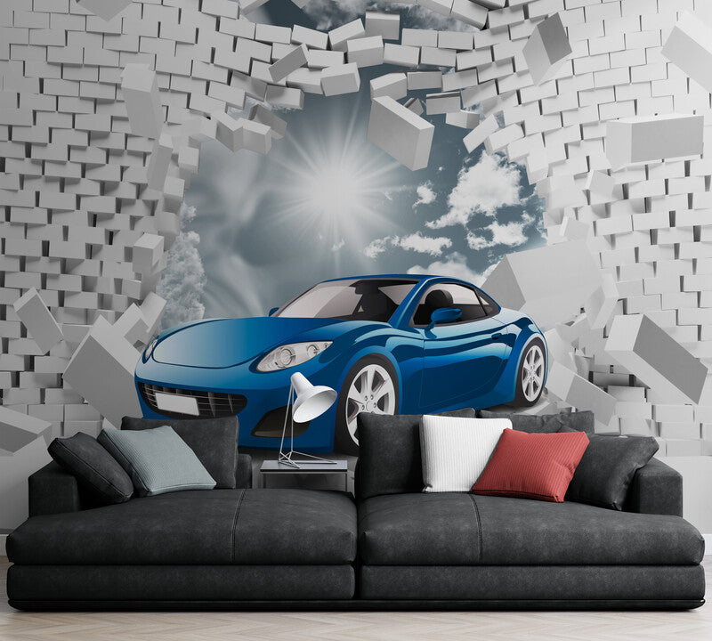 3D-Effekt-Tapete, Tapete mit blauem Auto, Tapete mit Ziegeln, Wandbild fürs Kinderzimmer, Kindertapete, Abzieh- und Klebetapete
