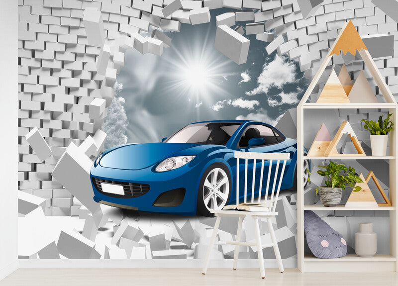 3D-Effekt-Tapete, Tapete mit blauem Auto, Tapete mit Ziegeln, Wandbild fürs Kinderzimmer, Kindertapete, Abzieh- und Klebetapete
