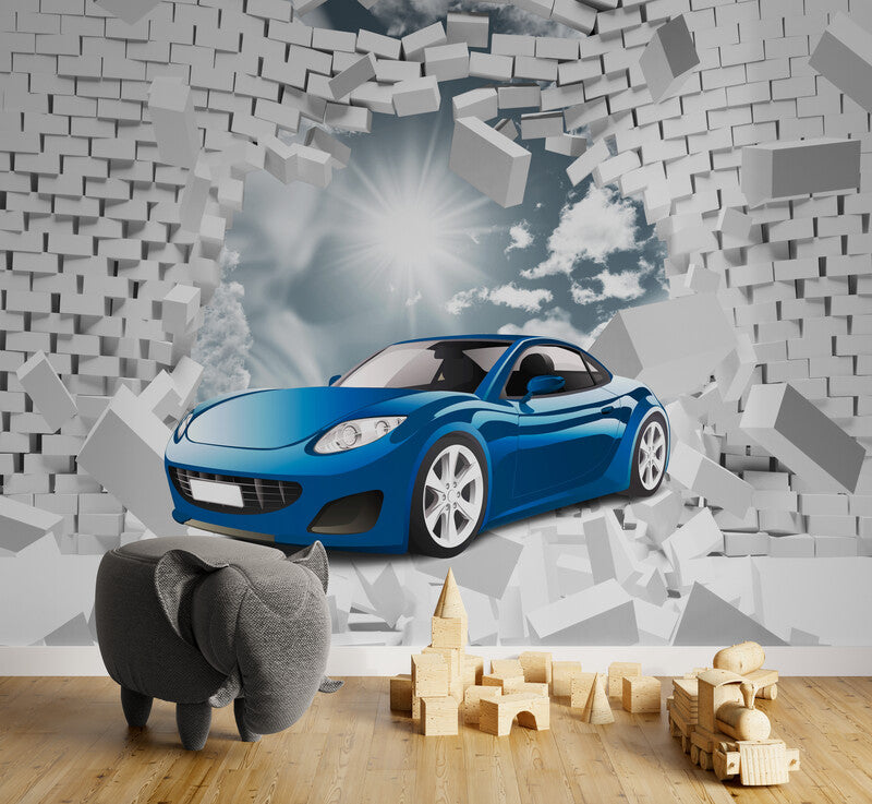 3D-Effekt-Tapete, Tapete mit blauem Auto, Tapete mit Ziegeln, Wandbild fürs Kinderzimmer, Kindertapete, Abzieh- und Klebetapete