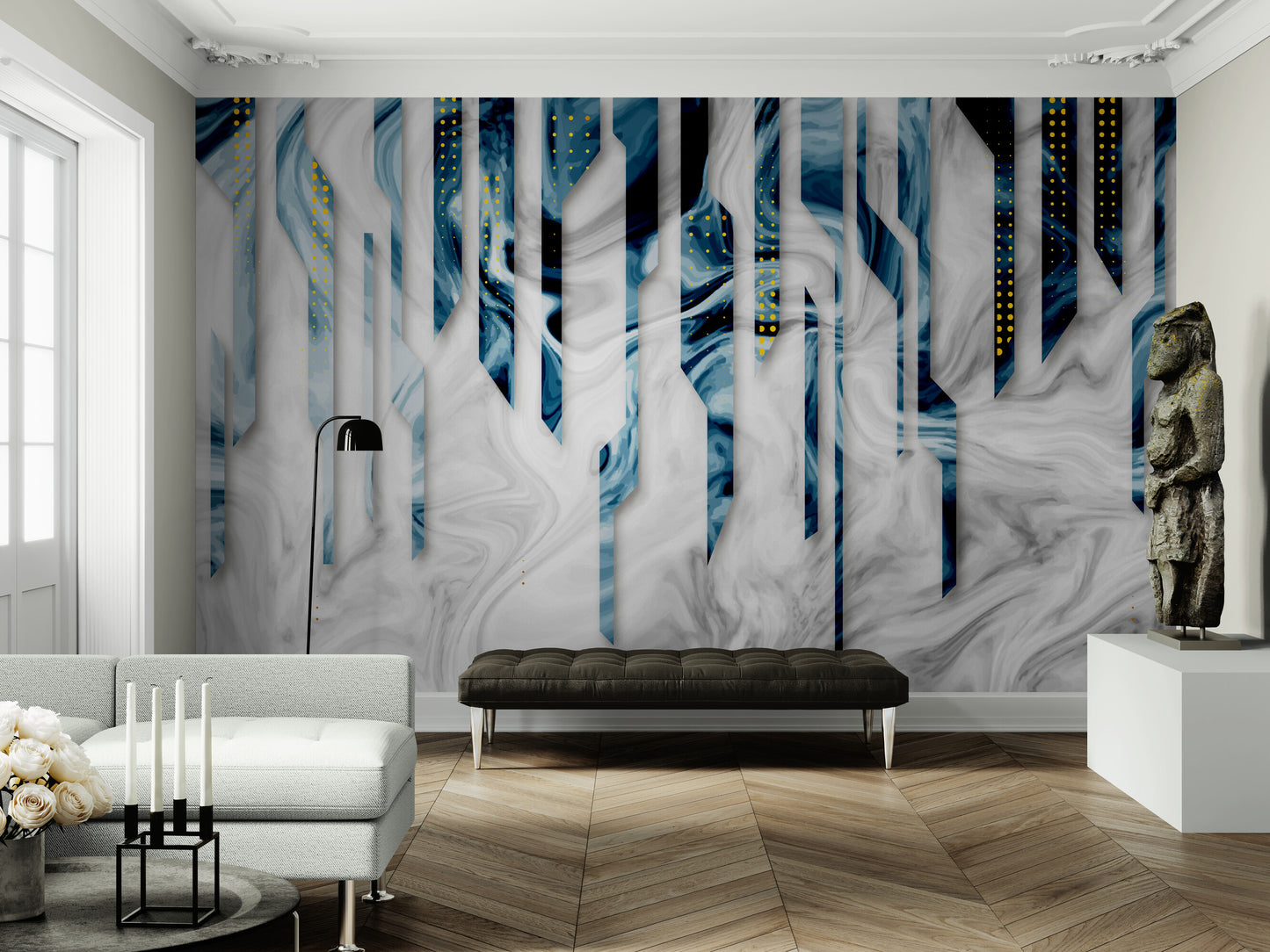 Abstraktes Wandbild, akzentuierte blau-weiße Tapete, selbstklebende Wandverkleidung für Wohnzimmer, Abzieh- und Klebetapete