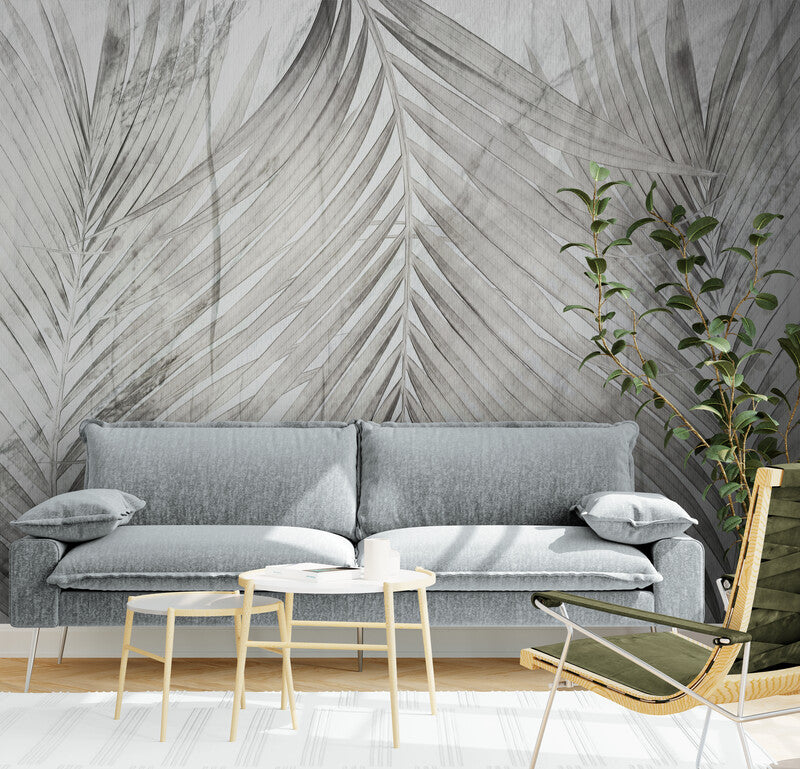 Extra große Tapete mit Bananenblättern, Wandbild mit Blättern, akzentuiertes botanisches Wandbild, schwarz-weiße Tapete fürs Schlafzimmer