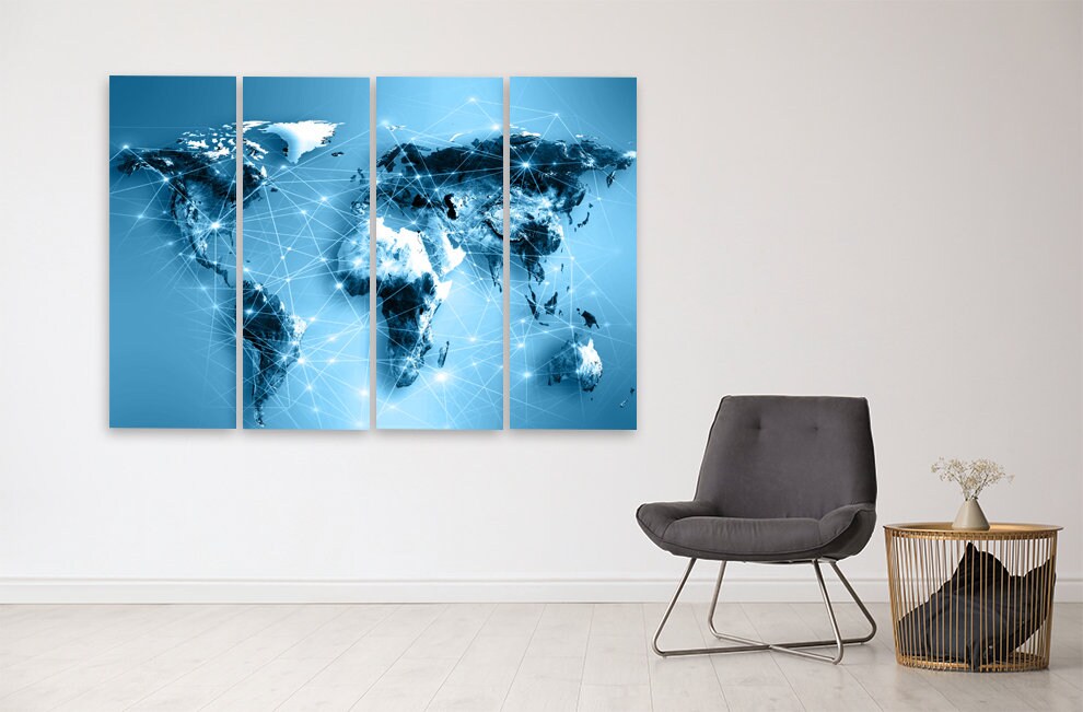Weltkarte Wandkunst Gemälde auf Leinwand, Weltkarte Leinwand, Wohnwanddekor, Leinwandgemälde, extra große Wandkunst, mehrteilige Wandkunst