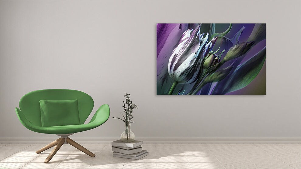 Tulpen-Leinwandgemälde, Blumen-Wandkunstdruck, neon-lila, Heimwanddekor, Bauernhaus, mehrteilige Wanddekoration
