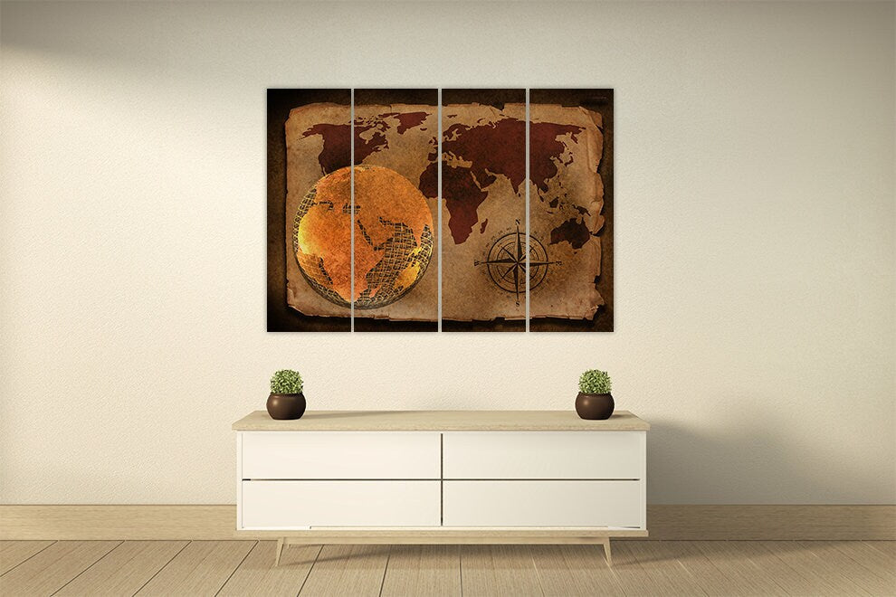 Vintage world map World map wall art paintings on canvas, home wall decor, canvas painting, extra large wall art multi panel wall art