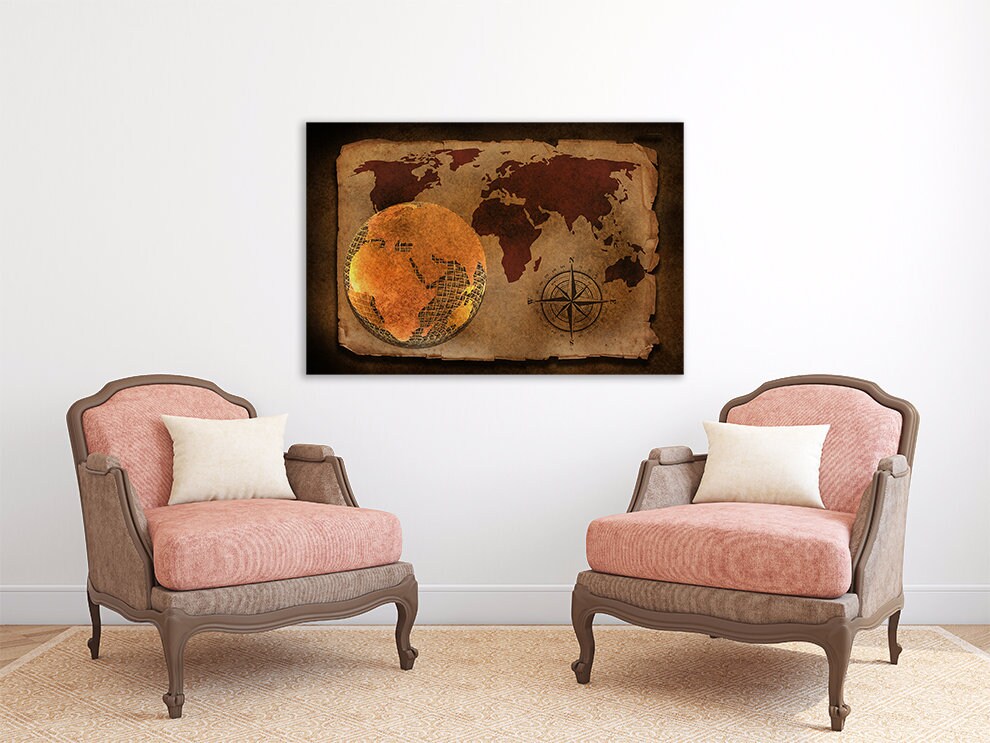 Vintage world map World map wall art paintings on canvas, home wall decor, canvas painting, extra large wall art multi panel wall art