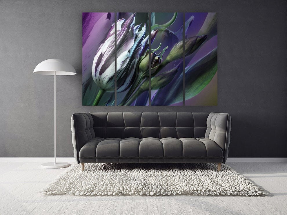 Tulpen-Leinwandgemälde, Blumen-Wandkunstdruck, neon-lila, Heimwanddekor, Bauernhaus, mehrteilige Wanddekoration