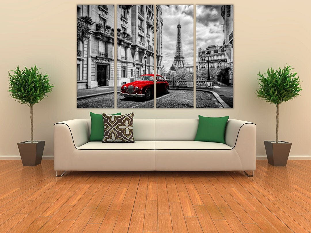 Paris wall art Eiffel tower wall art Vintage car wall art Architecture wall art, canvas painting, black and white art travel wall decor